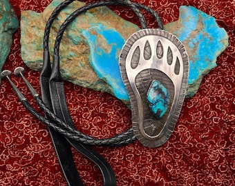 Vintage Navajo turquoise bolo tie, Large Bear paw design on hand stamped sterling silver