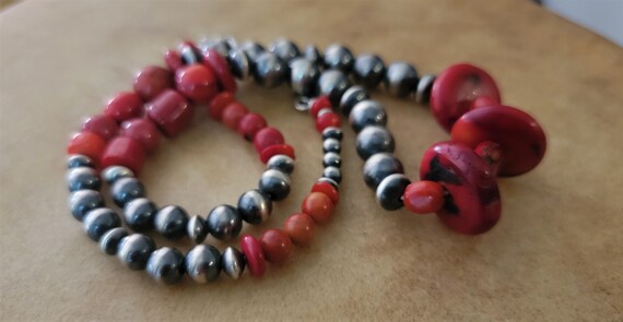 Vintage Coral Silver Bead Necklace - Bohemian Sty… - image 10