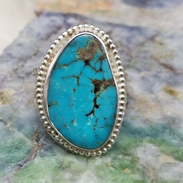 Blue turquoise ring, spiderweb Kingman cabochon, handcrafted Sterling Silver ring, Kingman turquoise ring.