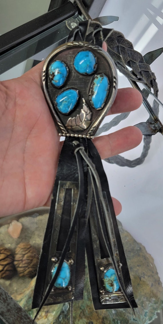 Bolo turquoise tie, vintage hand braided leather,… - image 3