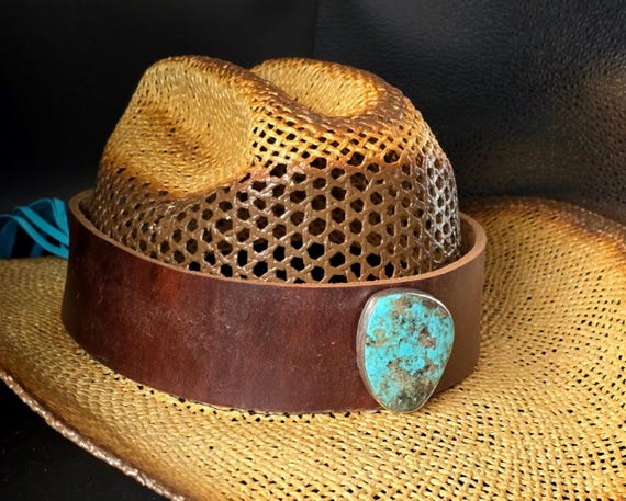 Leather Cowboy Hatband: Sterling Silver Turquoise Concho  display picture 1