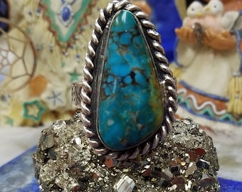 Vintage Turquoise Ring 12.25, Sterling Silver Handcrafted Jewelry