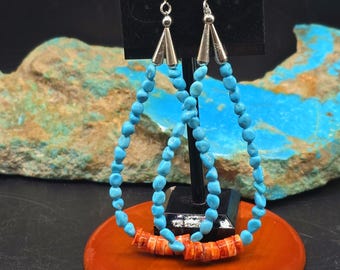 Kingman Turquoise & Orange Spiny Oyster Earrings | Sterling Silver Dangle Earrings | Native American Handmade Jewelry