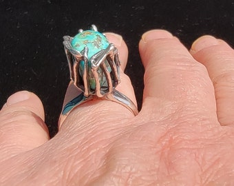 Turquoise Nugget Ring, Unique Sterling Silver ring. Old Navajo made Turquoise jewelry. Old Pawn Turquoise. Handcrafted Silver Jewelry.