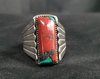 Sonoran Sunrise Ring, Red Cuprite, Blue Chrysocolla, Sterling Silver, Valentines Day Gift Ring