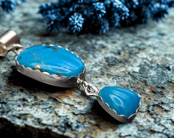 Pendant necklace, 2 stone turquoise with sterling Rolo chain