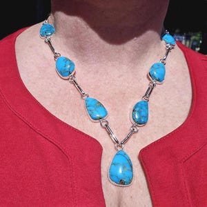 Kingman Turquoise Lariat Necklace: Sterling Silver, Handmade Artisan Jewelry statement necklace