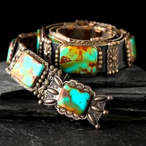 Vintage Navajo Turquoise & Sterling Silver Concho Belt by Oscar Alexius | Handmade Southwest Jewelry | One-of-a-kind Collector&#39;s Piece