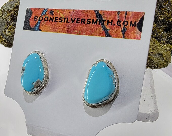 Genuine turquoise nugget stud earrings, Natural sleeping beauty turquoise handcrafted in sterling silver.