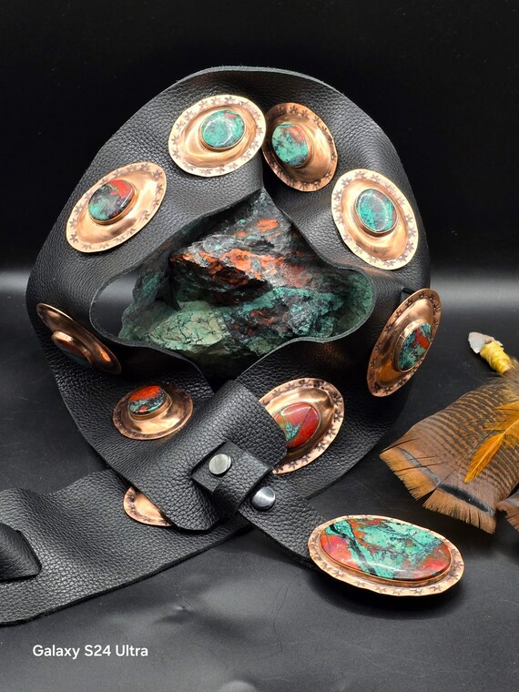 Sonoran Sunrise Belt Copper Conchos Belt for Women American Indian Regalia Indigenous Dance Belt Black Leather Belt