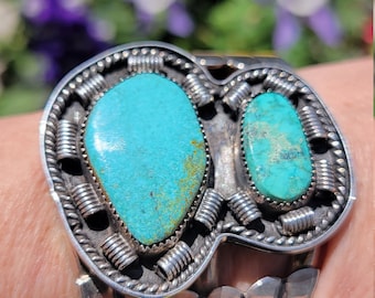 Vintage Turquoise Cuff, Large Sterling Silver Bracelet. Natural Blue Turquoise, Signed Navajo Made Jewelry.