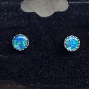 Opal, Sterling silver earrings, featuring blue mosaic opal, blue green flashy gemstones, charming stud earrings for girls.