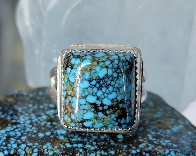 Webbed turquoise ring, Kingman Blackweb turquoise, handcrafted Southwest turquoise jewelry, Native American Owned.