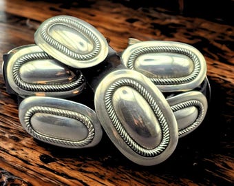 Vintage Sterling Silver Concho belt on black leather, Western accessories