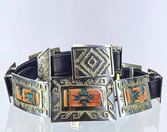 Vintage Navajo Sterling Silver Concho Belt | Orange Spiny Oyster & Blue Turquoise Inlay | Navajo rug design