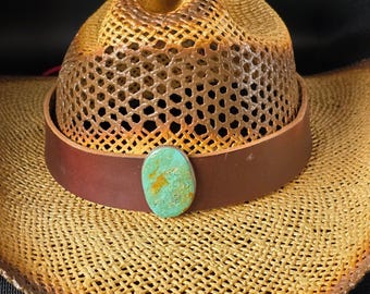 Adjustable Brown Leather Hat Band | Sterling Silver Green Turquoise Concho | southwest style western wear