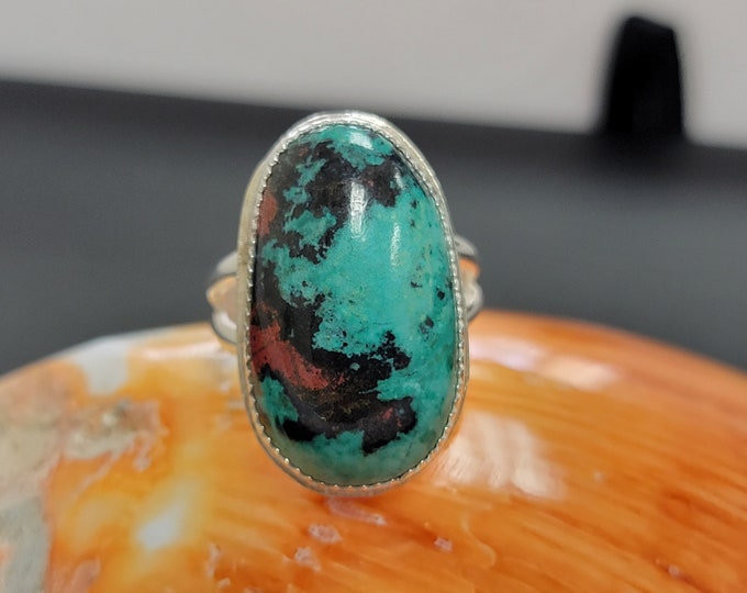 Sonoran Sunrise Ring, handcrafted Chrysocolla ring, with red Cuprite, in vivid spring colors.