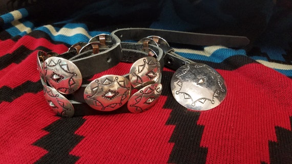 Vintage Silver Concho Belt, Southwest Stamped Blac