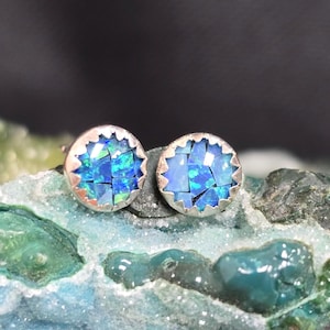 Opal stud earrings in sterling silver, featuring blue mosaic opal, handmade artisan earrings for a charming gift for girlfriend.