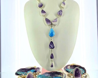 Sterling Silver Lariat Necklace: Kingman Turquoise and purple wampum shell