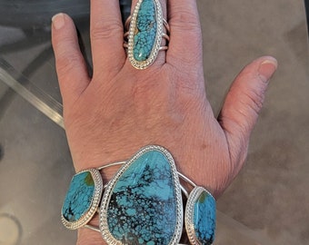 Turquoise cuff, ring set, matching turquoise jewelry, Sterling Silver spiderweb turquoise, Native American jewelry set.