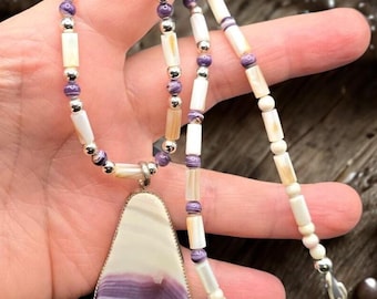 Pendant necklace in Wampum and sterling silver handcrafted jewelry