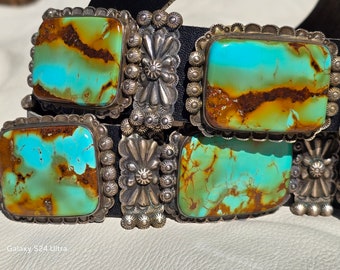 Vintage Navajo concho belt, Navajo Oscar Alexius, blue green turquoise on black leather belt, rare Navajo collectors jewelry.