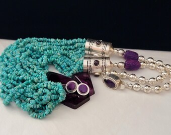 Large Turquoise necklace with Sugilite and sterling silver. Handcrafted statement jewelry