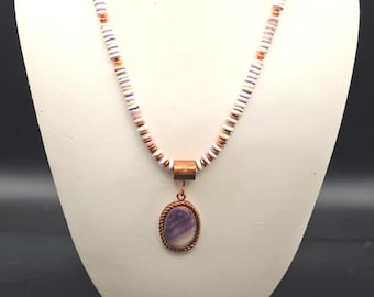 Wampum bead necklace with copper pendant, Cherokee jewelry