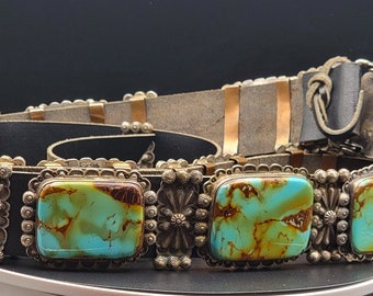 Navajo Oscar Alexius, sterling Concho Belt, Vintage Sterling turquoise belt, handcrafted collectors jewelry.