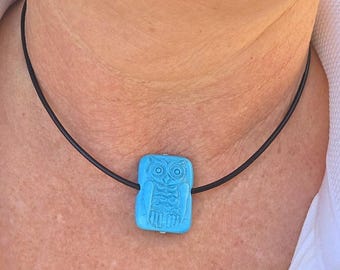 Carved Turquoise Pendant Necklace: Owl jewelry on leather