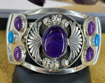 Turquoise and Sugilite cuff, Sterling Silver bracelet, Sleeping Beauty Turquoise, handcrafted Southwest jewelry.