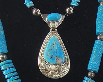 Beaded Turquoise Necklace, Sleeping Beauty Turquoise, Sterling Rose Pendant, Cherokee Handcrafted jewelry.