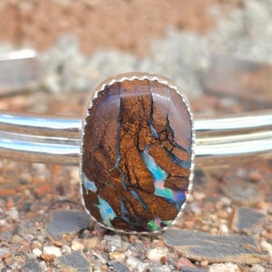 Australian opal cuff in sterling, adjustable bracelet for woman, dainty sterling cuff, birthstone jewelry gift, Boulder opal bracelet