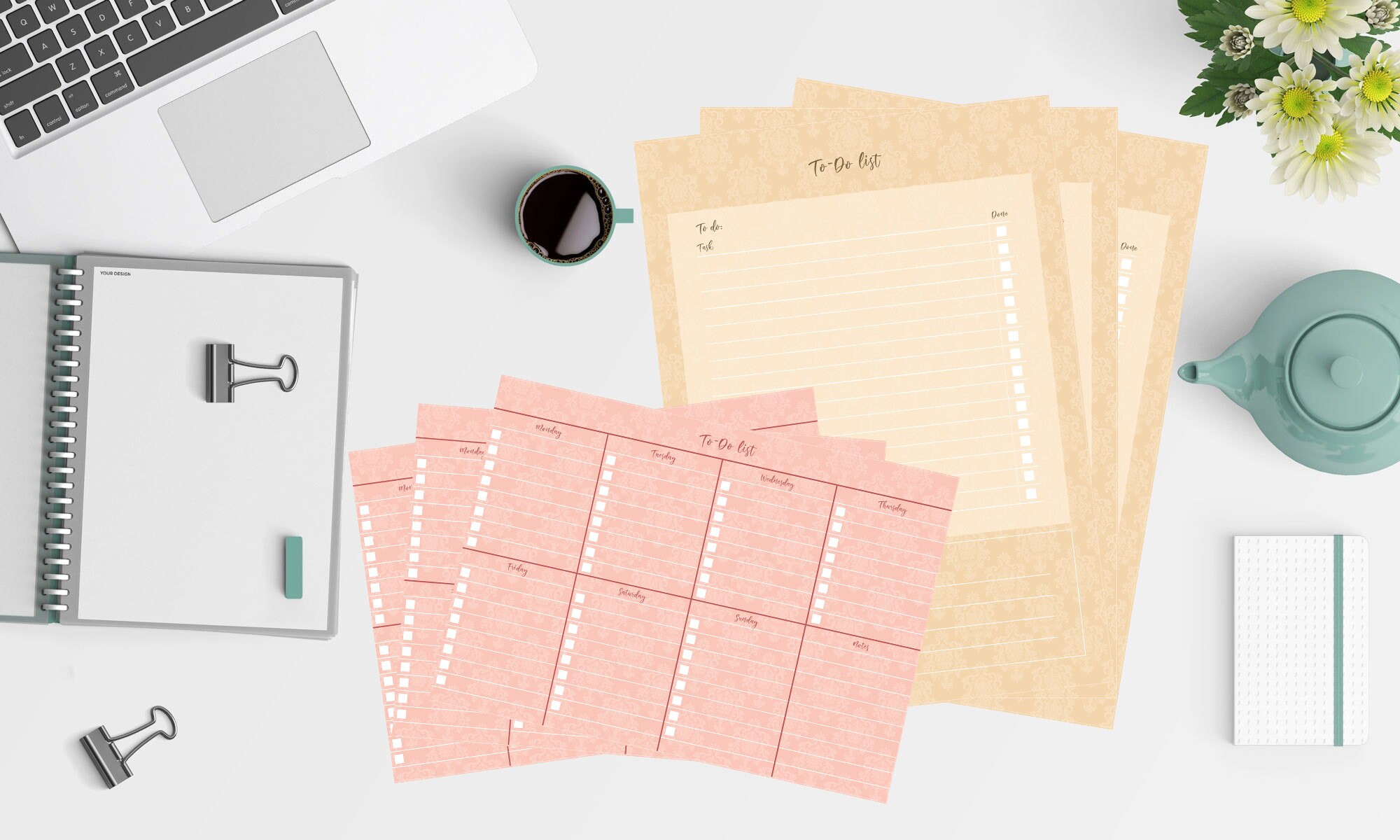 To Do Lists Printable Set Damask Pattern With BONUS A4 Habit Tracker ...
