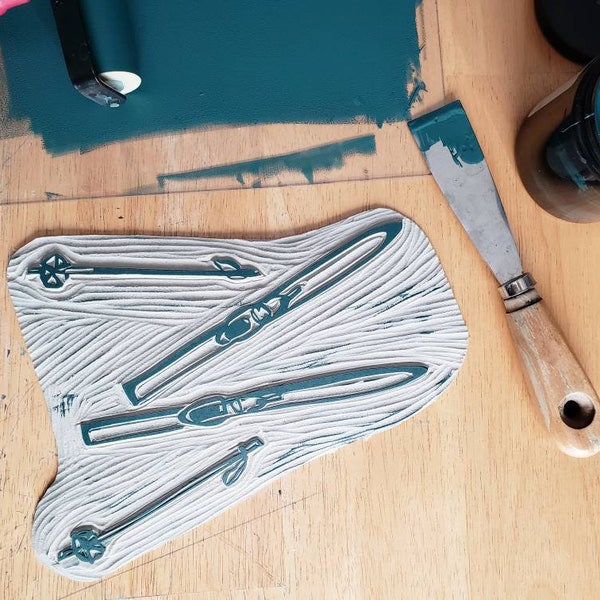 Linocut Print | Cross Country Skis, Hand Carved & Hand Burnished Block Print