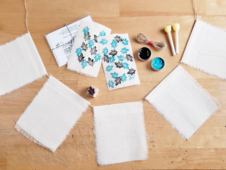 Block Print Bunting Kit Canvas Banner DIY Printmaking w Original Hand Cut Leaf Stamp Stamping /& Painting Activity for Kids and Adults
