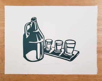 Linocut Print | Growler and Flight, Hand Carved & Hand Burnished Block Print
