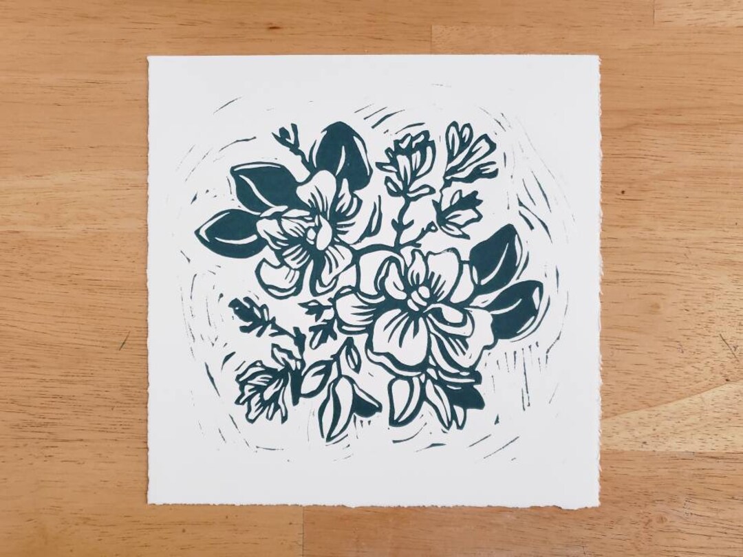 Linocut Print Southern Magnolias, Hand Carved & Hand Burnished Block Print Etsy