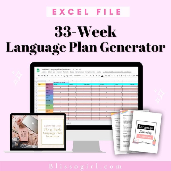 Taalleerplangenerator Excel-bestand, Plan uw oefening voor 33 weken op een gemakkelijke en snelle manier, speciaal voor autonome leerlingen