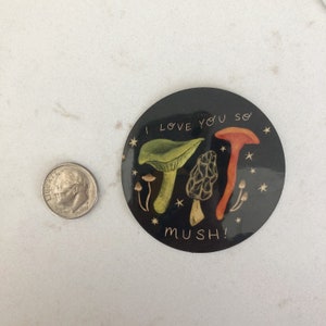 以下が含まれることがあります： 黒と白の丸いステッカーに、キノコが3つと「I love you so mush!」という金色の文字が書かれています。キノコは緑、オレンジ、茶色です。