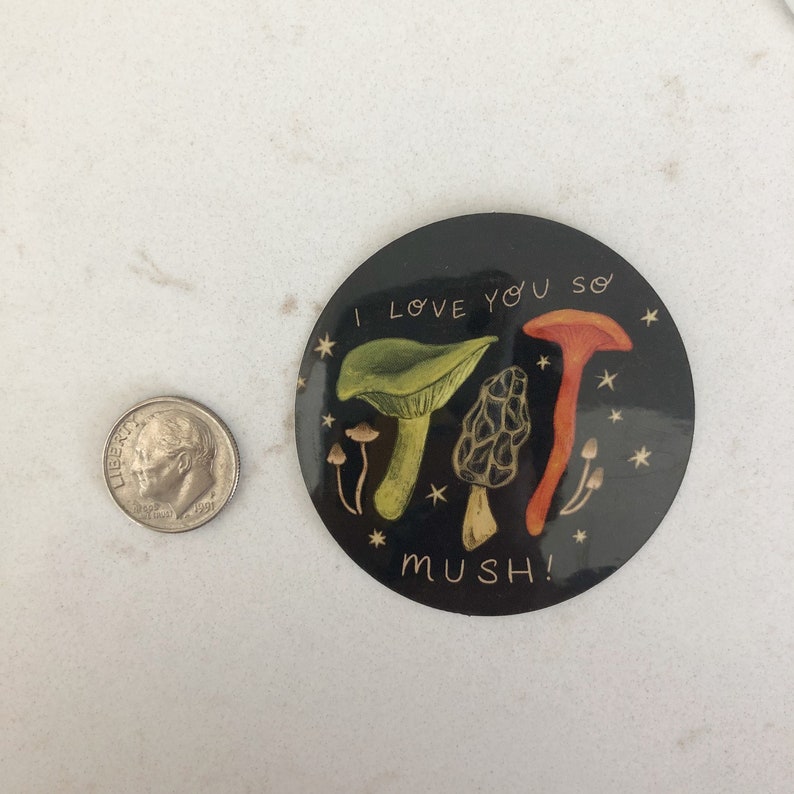 以下が含まれることがあります： 黒と白の丸いステッカーに、キノコが3つと「I love you so mush!」という金色の文字が書かれています。キノコは緑、オレンジ、茶色です。