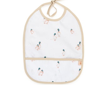 Beige Baby Bib with Ducks, water repellent baby bib