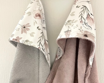 Hooded bath towel for babies, Gray Magnolia flower frottee towel, Kapuzenhandtuch , Baby Badetuch Magnolia