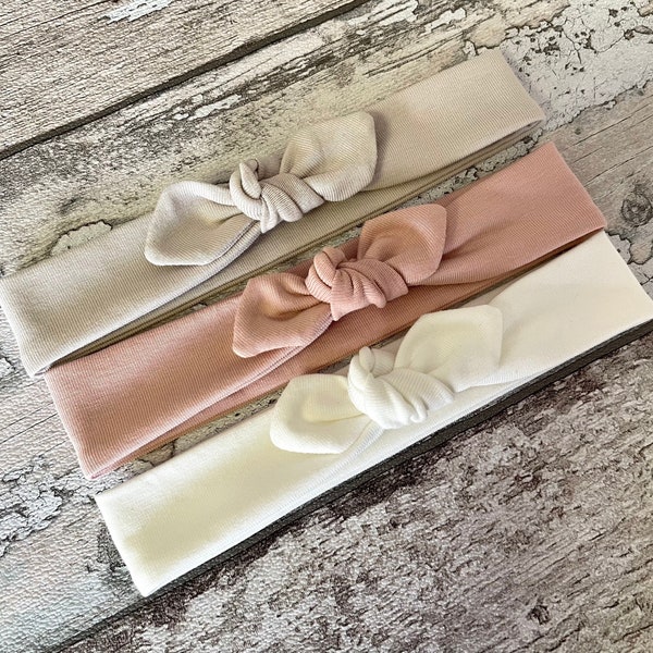 Set aus 3 Baby-Stirnbändern mit Schleifenknoten, rosa Haarband mit Knoten, kleines Stirnband für Neugeborene, kleines Stirnband-Set