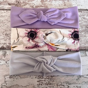 Baby Schleife Knoten Stirnband, Lavendel lila und grau Baby Stirnbänder