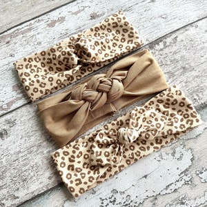 Leopard headband with bow, Creme and Caramel brown baby headband
