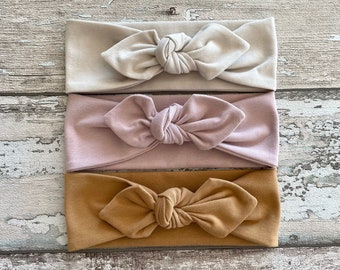 Baby Bow Knotenstirnband, Sand Pastell Lila und Karamellbraun Baby Stirnbänder