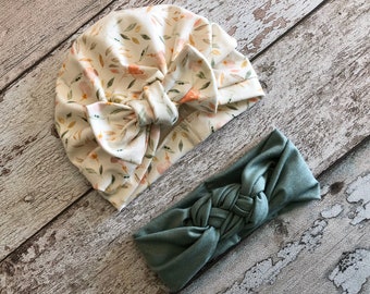 Chapeau et bandeau de turban pour bébé, chapeau de bébé beige avec nœud, chapeau de turban de bébé pour le printemps, ensemble de 2