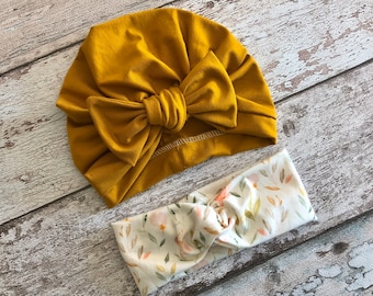 Mustard Turban Hat with bow, Ocher Baby Hat, Baby Turban Hat for Spring, Toddler hat and bow, beige floral headband